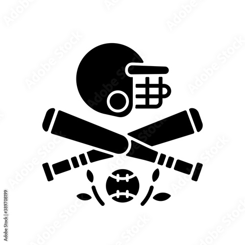 Baseball black glyph icon. Bat-and-ball game. Sport participation. Batting and fielding. Softball. Pitcher and catcher. Outs and runs. Silhouette symbol on white space. Vector isolated illustration
