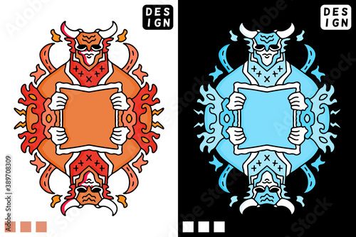 Demon with horn holding blank paper in hype style. illustration for t shirt, poster, logo, sticker, or apparel merchandise.