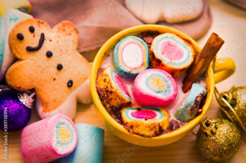 cup of chocolte with marshmallows and gingerbread man and gingerbread cookie on bokeh background. Christmas banner.