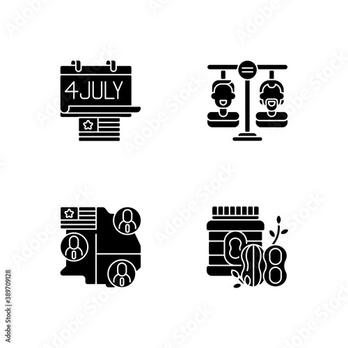 United States black glyph icons set on white space. Independence day. Equality. Electoral college. Peanut butter. Federal holiday in United States. Silhouette symbols. Vector isolated illustration