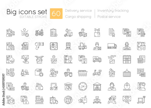 Shipping and delivery linear icons set. Postal services. Logistic industry. Inventory tracking. Customizable thin line contour symbols. Isolated vector outline illustrations. Editable stroke