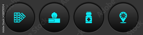 Set Pills in blister pack, Wet wipe, Medicine bottle and pills and Corona virus 2019-nCoV on location icon. Vector.