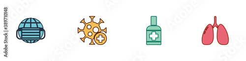 Set Earth with medical mask, Positive virus, Liquid antibacterial soap and Lungs icon. Vector.