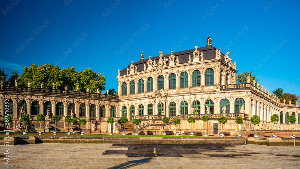 Dresden Zwinger City morning View with blue sky and warm colors 
