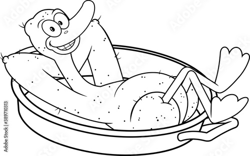 Outlined Lucky Duck Or Goose Cartoon Character In The Pan. Vector Illustration Isolated On White Background