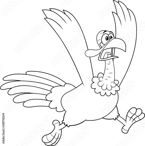 Outlined Crazy Turkey Cartoon Character Running. Vector Illustration Isolated On White Background