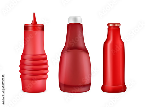 Realistic Detailed 3d Plastic Red Tomato Ketchup Bottle Set. Vector