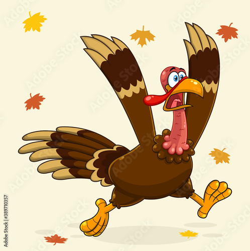 Crazy Turkey Cartoon Character Running. Vector Illustration With Background