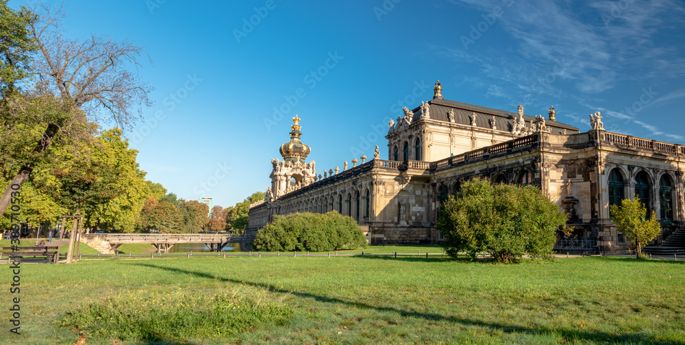 Dresden Zwinger City morning View with blue sky and warm colors 