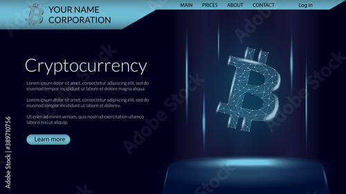 Cryptocurrency website page template with cryptocurrency polygonal wireframe Bitcoin token. Digital coin logo with a brief description. Website header layout. Vector illustration.