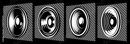 Set of different speakers. Vector monochrome illustration. Elements for design. Carbon fiber background
