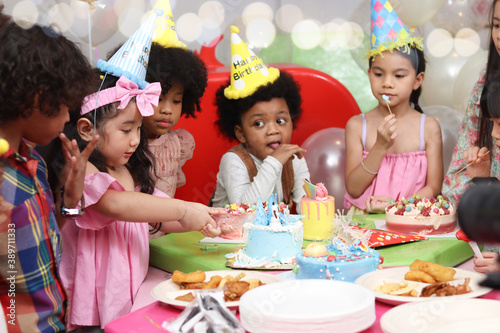 Happy birthday party event, group of adorable kids celebrate birthday party together, happy children have fun together