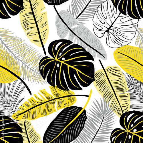 Fashionable seamless tropical pattern with bright plants and leaves on a delicate background. Beautiful exotic plants. Colorful stylish floral.