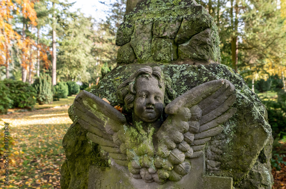 schöne Putte, schöner Engel auf altem Grabstein schöne Putte, schöner Engel auf altem Grabstein