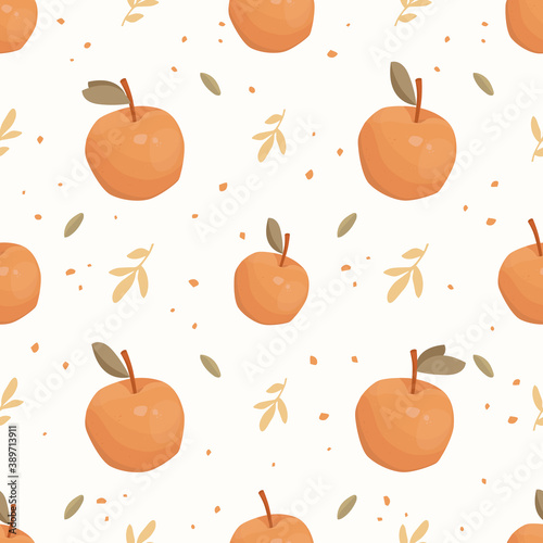 Vector seamless pattern. Cartoon hand-drawn apples  leaves  decorative twigs  and abstract dots. Juicy fruits with texture  healthy food  baking. Vintage cozy background. Textile print  wrapping paper