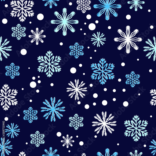 seamless vector abstract pattern with blue and white snowflakes on dark blue background