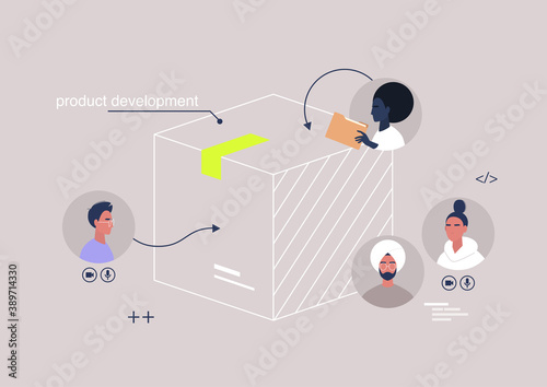 A teamwork organizational scheme, a diverse group of young professionals developing a product