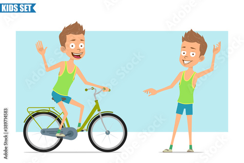 Cartoon flat funny sport boy character in green shirt and shorts. Kid running and riding bicycle. Ready for animation. Isolated on blue background. Vector set.