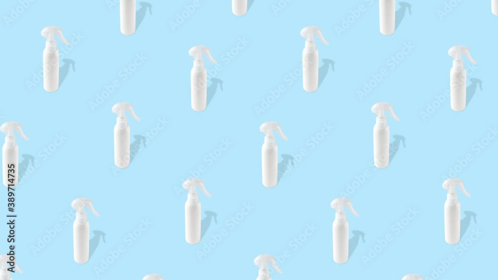 seamless looping animation with pattern of white plastic bottles spray pistol or dispensers for gel or antiseptic. realistic hard shadow isolated on a pastel blue background seamless looping animation with pattern of white plastic bottles spray pistol or dispensers for gel or antiseptic. realistic hard shadow isolated on a pastel blue background