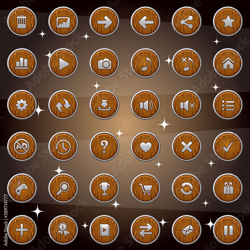 Wooden buttons and symbol icons with silver frame isolatedset design for game or web. Vector illustration.