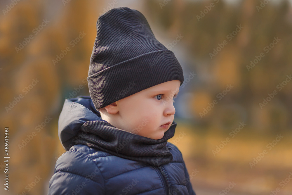 A little boy in a black hat looks away. Portrait of a little boy on a blurred autumn background A little boy in a black hat looks away. Portrait of a little boy on a blurred autumn background