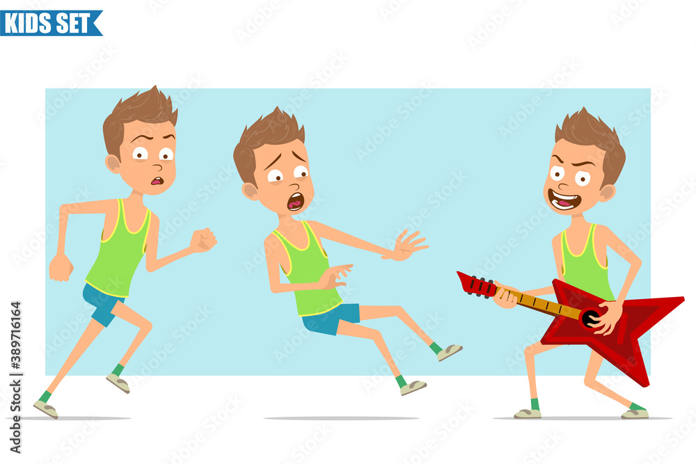 Cartoon flat funny sport boy character in green shirt and shorts. Kid  playing on guitar, running and falling down. Ready for animation. Isolated  on blue background. Vector set. Stock Vector | Adobe