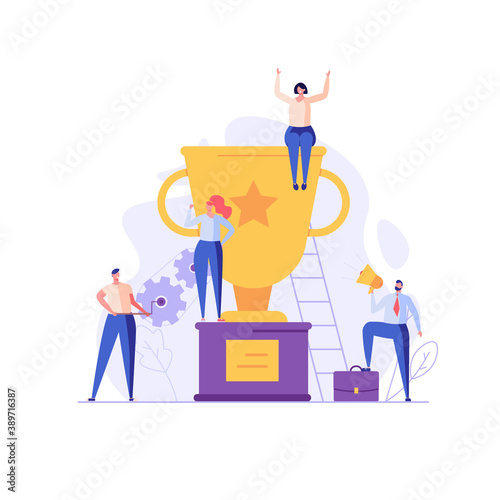 People standing with reward cup, briefcase, shout, laptop. Concept of teambuilding, successful teamwork, corporatism, workflow, brainstorm, help each other. Vector illustration in flat design
