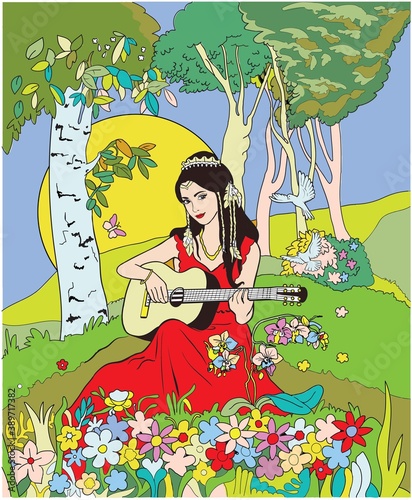 Girl plays guitar. Gypsy. Princess.Colored vector illustration.