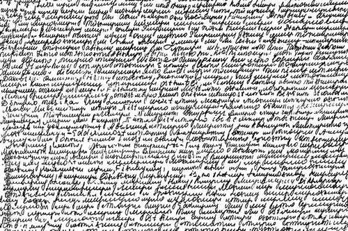 Grunge texture, abstract monochrome background. Illegible handwritten text. Small, incomprehensible handwriting. Vector illustration. Overlay template.