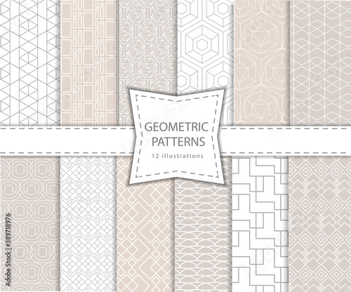 A collection of seamless geometric ornamental patterns in curly pastel colors. Delicate, light textures.
