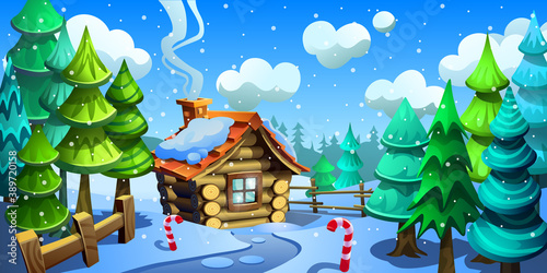 Wooden house in the snowy forest. Christmas vector illustration. Blizzard in the forest.