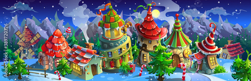 Christmas village of Santa Claus. Fairy houses of elves. Vector illustration.