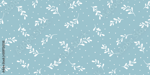 Christmas background with tree branches and snowflakes. Vector seamless pattern with mistletoe.