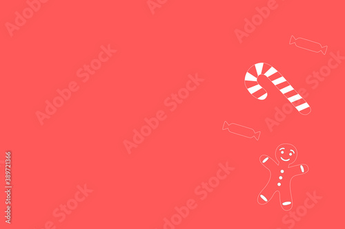 White gingerbread, candy cane, lollipop on a red background. A frame made of repeating elements. Drawing of a winter background