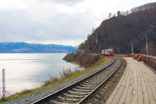 Circum-Baikal railway and train arriving at Slyudyanka station.