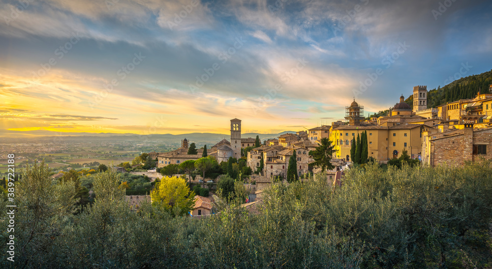 Assisi town at sunset. Perugia, Umbria, Italy.