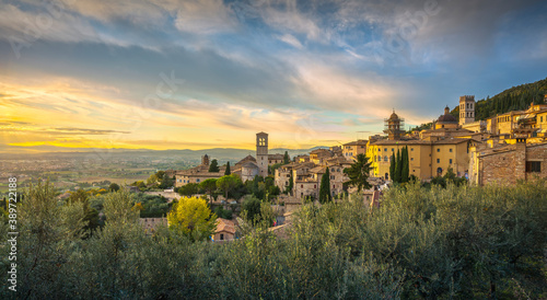 Assisi town at sunset. Perugia, Umbria, Italy.