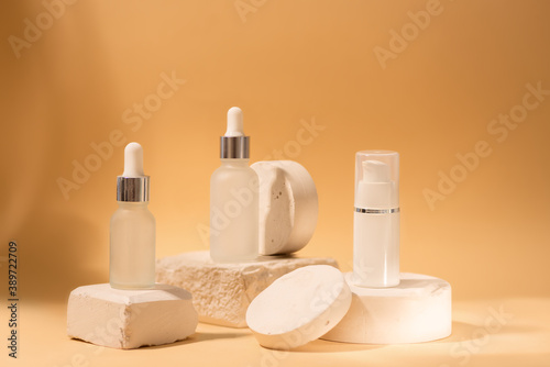 Blank white tube design on a stone mockup front back profile side view set. Clear cream packaging stand 