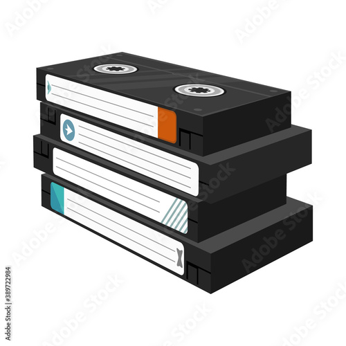Vector illustration of cassette and videotape logo. Graphic of cassette and stack stock symbol for web.