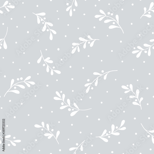 Christmas background with tree branches and snowflakes. Vector seamless pattern with mistletoe.