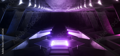 Purple Blue Sci Fi Futuristic Glowing Spaceship Alien Cement Concrete GRunge Hangar Tunnel Corridor Dark Showroom background 3D Rendering © IM_VISUALS
