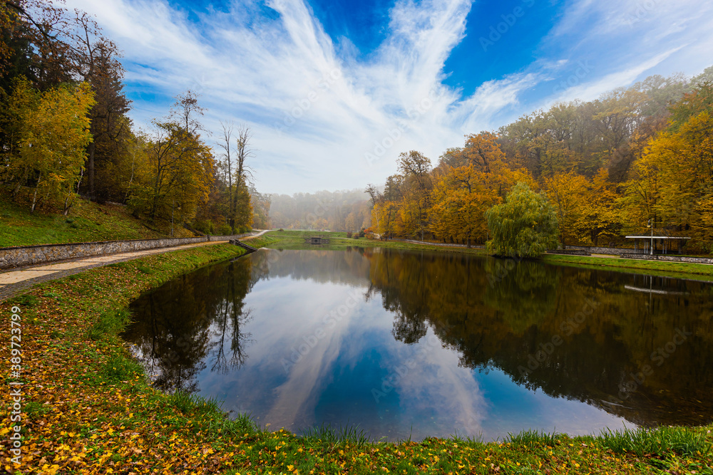 alleyway in foggy park. Autumn, rainy weather alleyway in foggy park. Autumn, rainy weather