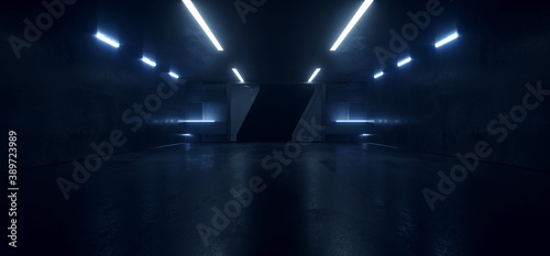 Sci Fi Neon Glowing Blue Cinematic Showroom Spaceship Futuristic Metal Gate Mechanism Dark Underground Tunnel Corridor Hallway Background 3D Rendering