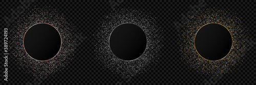 Collection of round shape glitter metal frames. Shine sparkle confetti border set, silver, golden and rose. Christmas design elements on transparent background