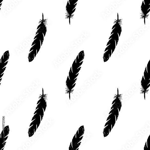 Black feathers seamless pattern on white background.