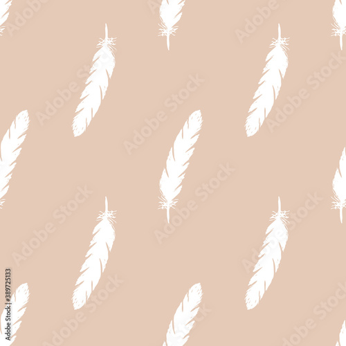 White feathers seamless pattern on pink background.