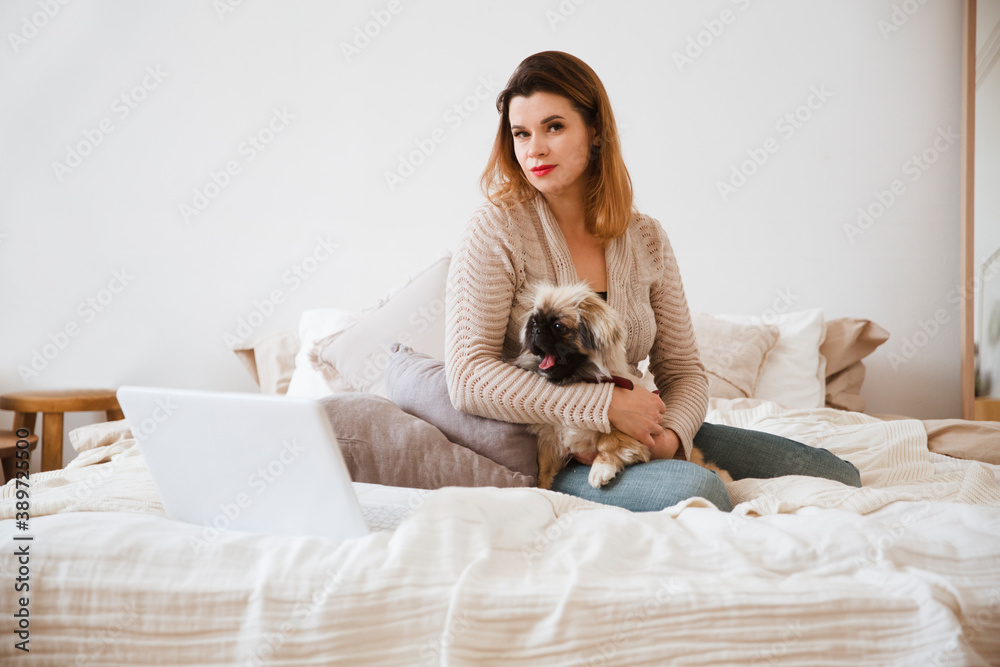 A young woman sits on the bed works on a laptop at home with her pets little dog. A young woman sits on the bed works on a laptop at home with her pets little dog.