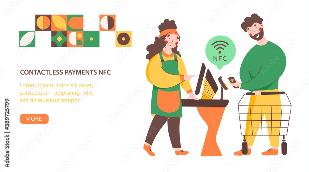 NFC - Contactless payment, flat vector landing page template. Payment from smartphone, paypass technology.