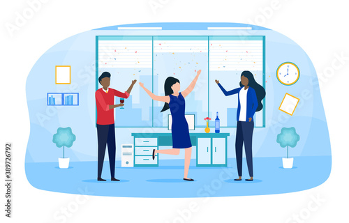 Happy corporate party, Event, Holiday Celebration in Business Company. Joyful Employees Having Fun, Drinking Beverages. Successful Work and Rest. Flat cartoon vector illustration