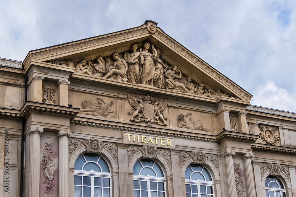 View of Baden-Baden Theater (1862) building. Baden-Baden Theater - neo-baroque white-and-red sandstone building. Baden-Baden, Germany.